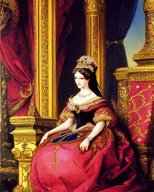 Prompt: coronation painting of the young empress by albert grafle, grand, fancy, vivid, regal, 1 8 6 0 s style painting, highly detailed, romanticism