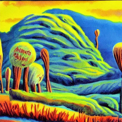 Prompt: painting of a landscape by dr seuss | horror themed | creepy