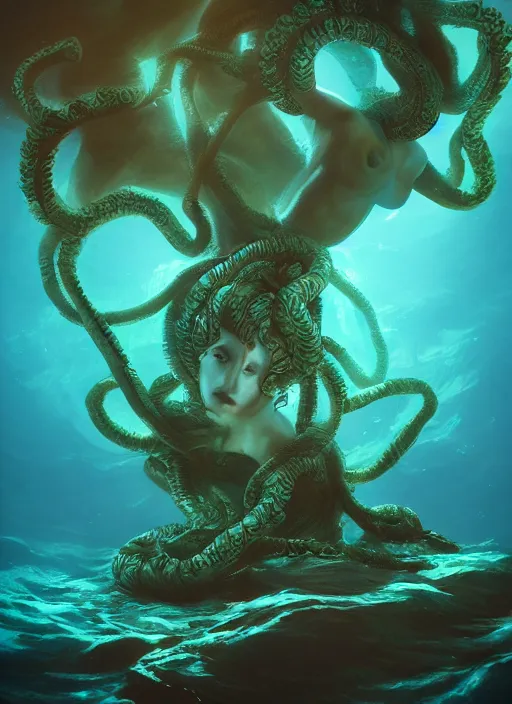 Prompt: confluence of aquatic wild life, medusa statue underwater. magical, epic, particles, compute shader, underwater, fantasy, painting, detailed, paid artwork, portfolio, epic lighting