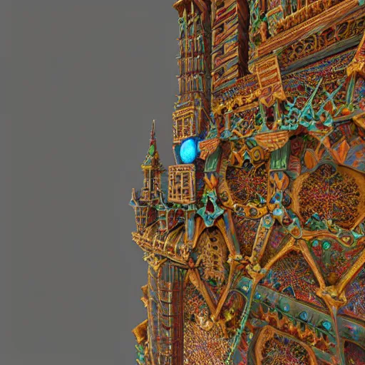 Image similar to a photo - real delicate sculpture of an ornate detailed cathedral populated by mandelbrot fractals, micro detail, unreal engine, backlit lighting, octane renderer, colorful, physically based rendering, tribal art, trending on cgsociety