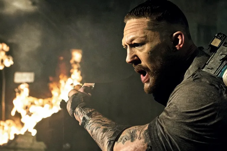 Image similar to film still of Tom Hardy as Max Payne trying to escape a creepy funhouse that is on fire in the Max Payne movie, 4k