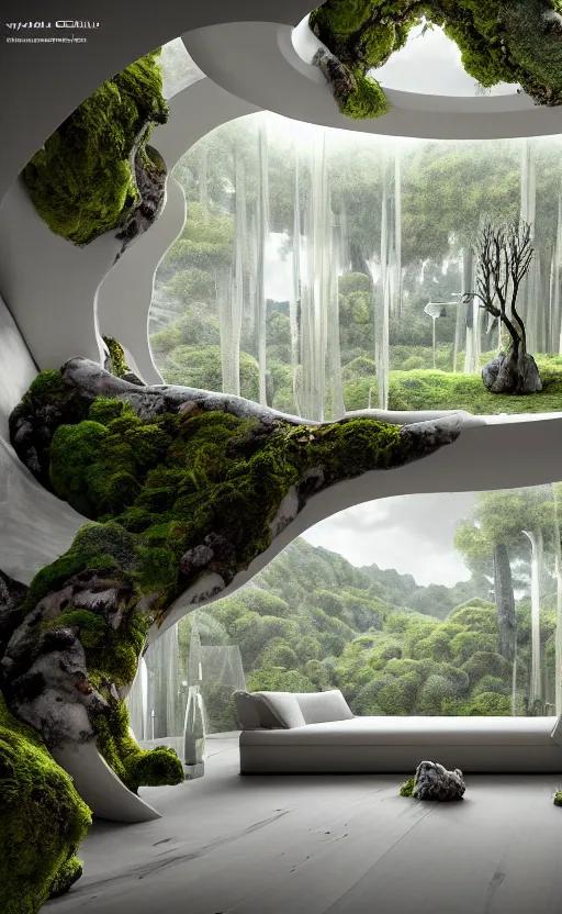 Image similar to highly detailed villa natural beautiful light interior soft cinematic composition of a smooth ceramic porcelain biomorphic magnolia stone nebula fluid sci - fi surreal architecture landscape, furniture, granite, trees, marble, moss, lichen, fungi, vincent callebaut composition, mamou - mani, archviz, 8 k, unreal engine, hdr