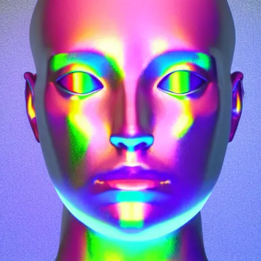 Image similar to 3d render of holographic human robotic head made of glossy iridescent, surrealistic 3d illustration of a human face non-binary, non binary model, 3d model human, cryengine, made of holographic texture, holographic material, holographic rainbow, concept of cyborg and artificial intelligence