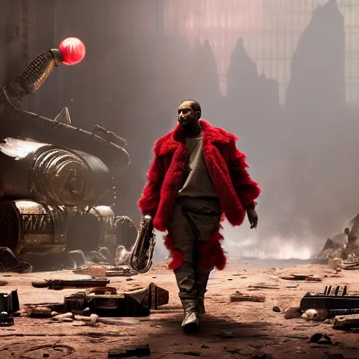 Prompt: 'Kanye West as willy wonka' in gears of war, splash art, movie still, cinematic lighting, dramatic, octane render, long lens, shallow depth of field, bokeh, anamorphic lens flare, 8k, hyper detailed, 35mm film grain