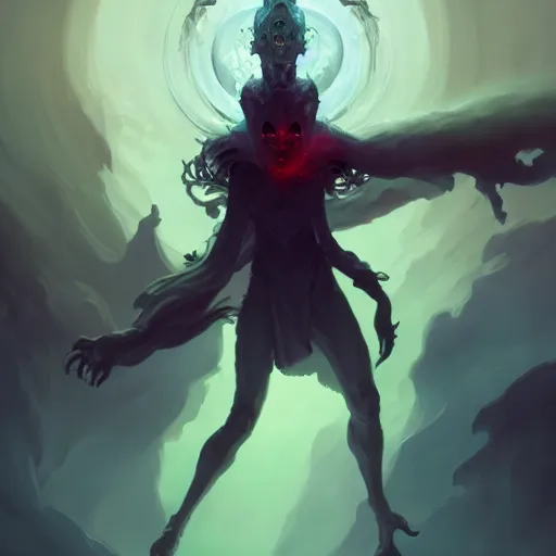 Prompt: aerial view, three handed god, a dark entity made of mist and malice and smoke and subterfuge, concept art by pete mohrbacher and guweiz and ilya kuvshinov, digital art, highly detailed, intricate, sharp focus, trending on artstation hq, deviantart, unreal engine 5, 4 k uhd image