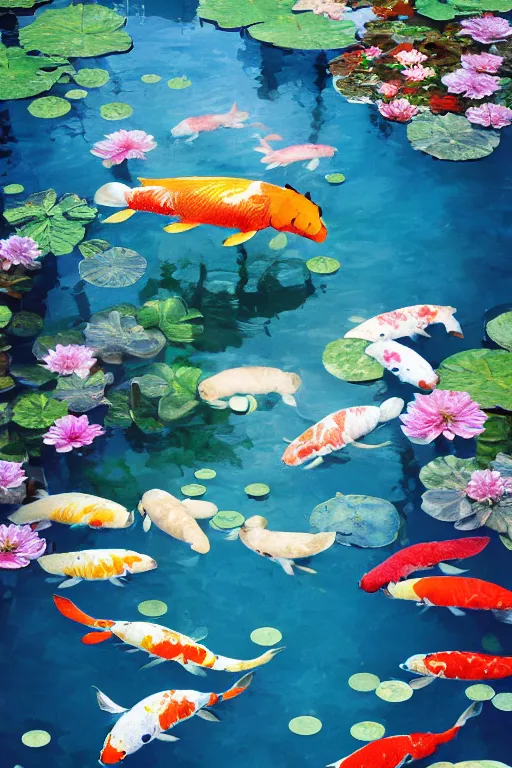 Image similar to nenufar in a pond surrounded by koi carp, colorful, blue backgroung,clean, joyful, intricate, elegant, volumetric lighting, scenery, digital painting, highly detailed, artstation, sharp focus, illustration, concept art, ruan jia, steve mccurry