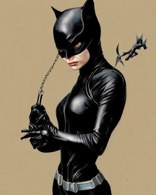 Image similar to full figure hyper realistic painting of young michelle pfeiffer as catwoman, hyper detailed, by clay mann, ayami kojima and greg rutkowski, trending on artstation, 3 light sources, rule of thirds, dutch angle