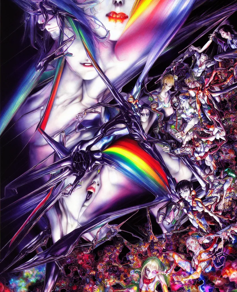 Image similar to realistic detailed image of ultra wrathful rainbow diamond iridescent mega neon genesis evangelion, depth perception, depth of field, action horror by ayami kojima, neo - gothic, gothic, part by adrian ghenie and gerhard richter. art by yoshitaka amano. masterpiece