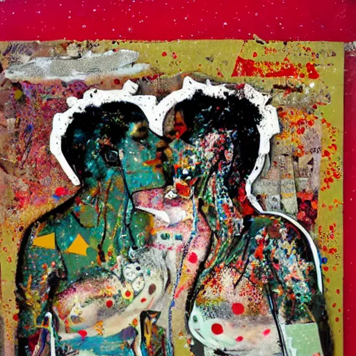 Prompt: two women kissing at a carnival in winter, mixed media collage, retro, paper collage, magazine collage, acrylic paint splatters, bauhaus, claymation, layered paper art, sapphic visual poetry expressing the utmost of desires by jackson pollock