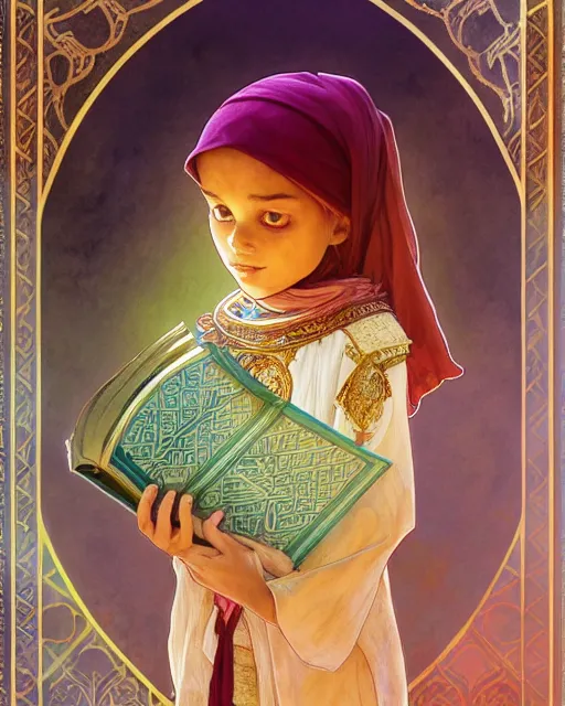 Image similar to a bedouin child infront of an big open quran highly detailed, gold filigree, romantic storybook fantasy, soft cinematic lighting, award, disney concept art watercolor illustration by mandy jurgens and alphonse mucha and alena aenami, pastel color palette, featured on artstation