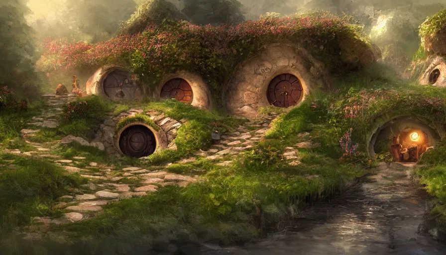 Prompt: concept art of a beautiful hobbit - holes in a village, digital art, trending on artstation