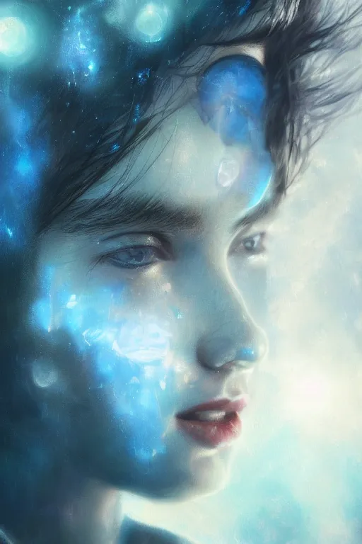 Image similar to 3 d, sci - fi, close - up, morning, smiling fashion model face, sun, cinematic, clouds, sun rays, vogue cover style, poster art, blue mood, realistic painting, intricate oil painting, high detail illustration, figurative art, multiple exposure, poster art, by tooth wu and wlop and beeple and greg rutkowski