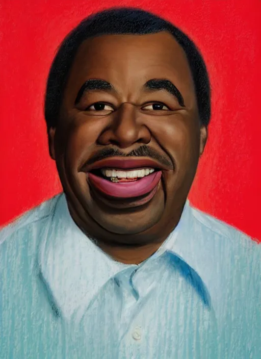 Image similar to ( ( ( caricature of leslie david baker as stanley hudson of the office television series ) ) ) by igor kazarin, pastels, head to waist, light coming from the right side, red background,
