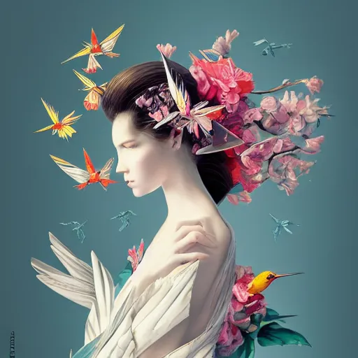 Image similar to 3 / 4 view of a beautiful girl wearing an origami dress, eye - level medium shot, fine floral ornaments in cloth and hair, hummingbirds, elegant, by eiko ishioka, givenchy, by peter mohrbacher, centered, fresh colors, origami, fashion, detailed illustration, vogue, japanese, reallusion character creator