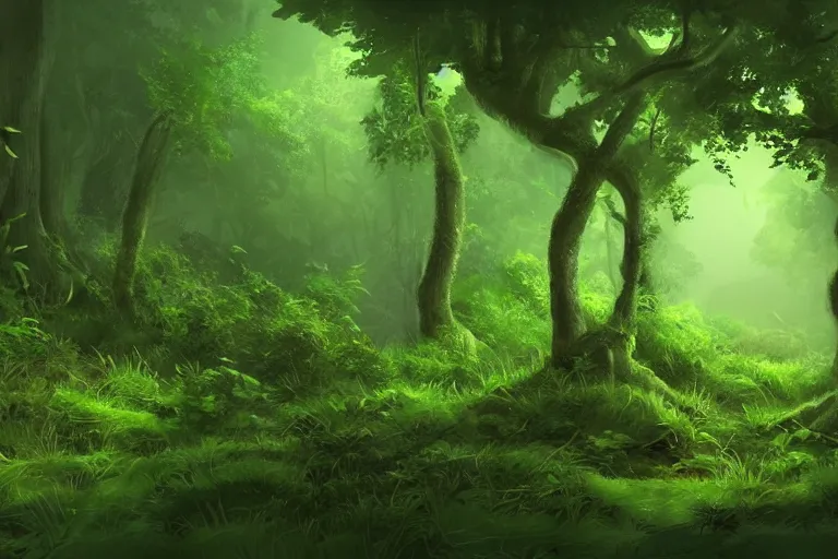 Prompt: lush green forest, concept art trending on artstation,