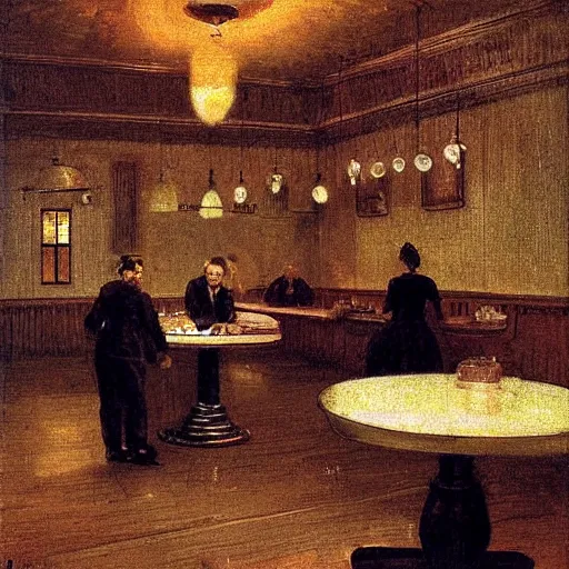 Prompt: ice cream parlor ( 1 8 5 0 ). the room is dimly lit with a one flickering lightbulb. the ice cream case has leaked runny ice cream onto the floor, the shape of the leak is reminiscent of werewolf fangs. there is an eerie blue electric glow. by thomas eakins