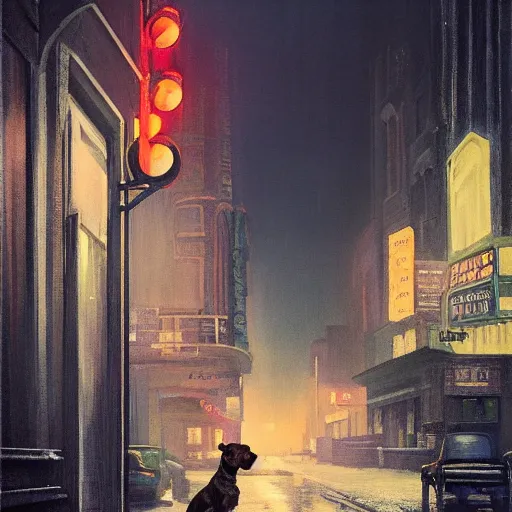 Image similar to a mini-yorkie dog at night in the world of Edward Hopper, stormy snowy weather, streetlights, extremely detailed masterpiece, oil on canvas, low-key neon lighting, artstation, Blade Runner 2049, Roger Deakin’s cinematography, by J. C. Leyendecker and Peter Paul Rubens,