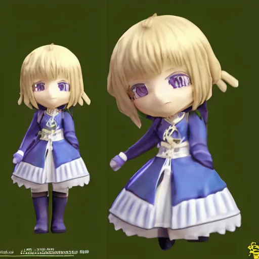 Prompt: 3d render of violet evergarden as a cute chibi figurine, blonde, blue eyes, blue-white dress, blender, artstation