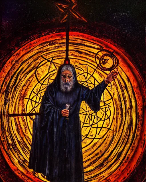 Image similar to encaustic painting of mage reciting an incantation and standing on glowing circular runes in the middle of dark room, high production value, intricate details, high resolution, hyperrealistic, hdr, high definition, masterpiece, ultra realistic, highly detailed, hd, sharp focus, non blurry, sharp, smooth