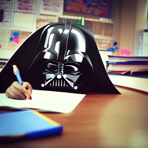 Image similar to Darth Vader studying at school, photo realistic, award-winning, highly-detailed