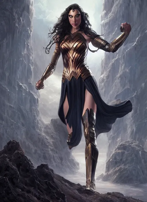 Image similar to Gal Gadot as Hell Lord, full body shot, epic, fantasy, intricate, elegant, volumetric lighting, highly detailed, digital painting, 4k, HDR, concept art, smooth, sharp focus, illustration, art by artgerm and donato giancola and krenz cushart