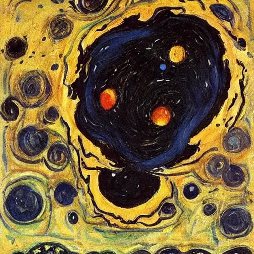 Image similar to by oskar kokoschka precise, realistic. a beautiful painting of a black hole consuming a star.