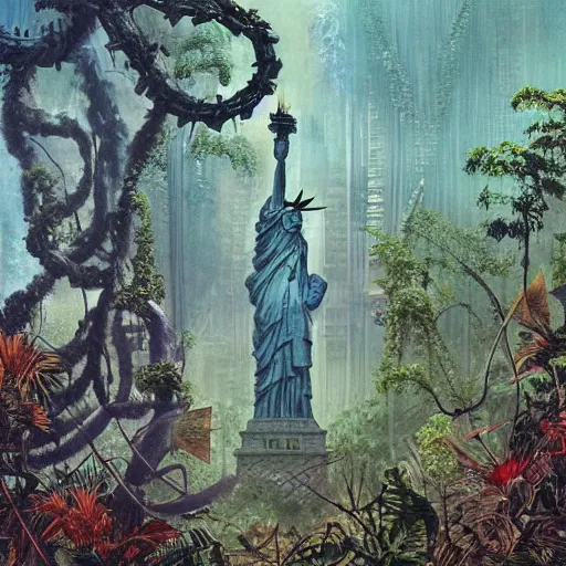 Prompt: statue of liberty reclaimed by the jungle , surrounded by tall vines in oversized misty jungle, dramatic sunset and dramatic sky , very detailed painting by frazetta, low angle, postapocalyptic panorama.asthetics !