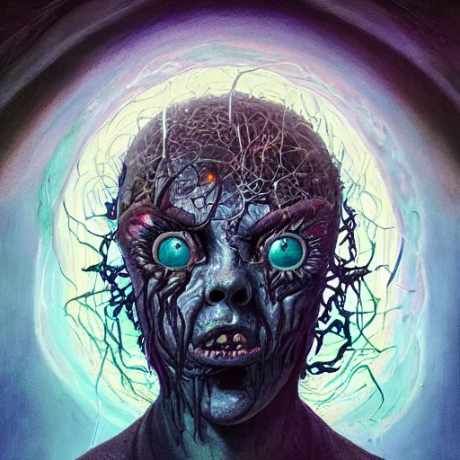 Image similar to eldritch angel from the edges of reality, pseudonatural, azathoth, pulsating, half-face, multiple eyes, multiple mouths, fallen heaven, oil painting, portrait, intricate complexity, rule of thirds, in the style of Adam Paquette, Svetlin Velinov, Daarken, Artgerm, Keith Thompson, and Eric Deschamps, magic the gathering art, character concept