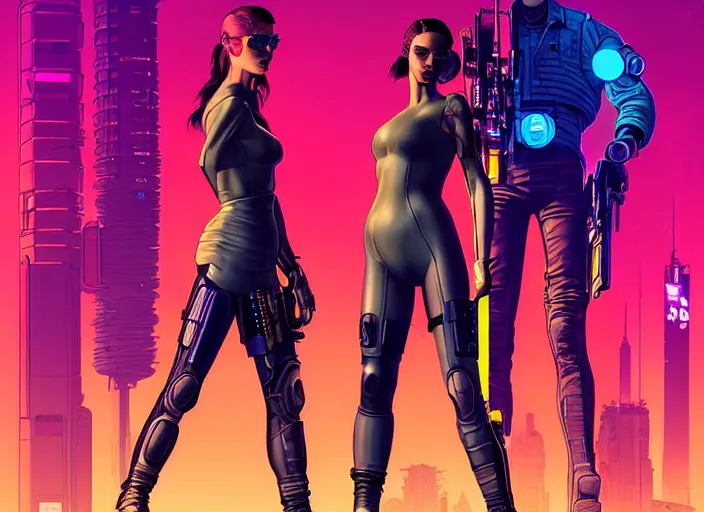 Image similar to cyberpunk hitmen. portrait by stonehouse and mœbius and will eisner and gil elvgren and pixar. character design. realistic proportions. cyberpunk 2 0 7 7 character art, blade runner 2 0 4 9 concept art. cel shading. attractive face. thick lines. the team. diverse characters. artstationhq.