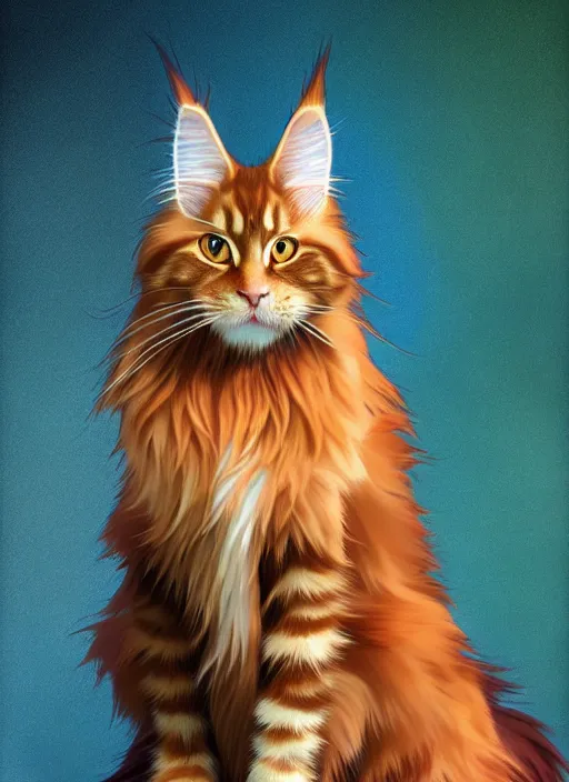 Prompt: pretty ginger maine coon cat fluffy, head down, demure, shy, path traced, highly detailed, high quality, digital painting, by studio ghibli and alphonse mucha, leesha hannigan, disney