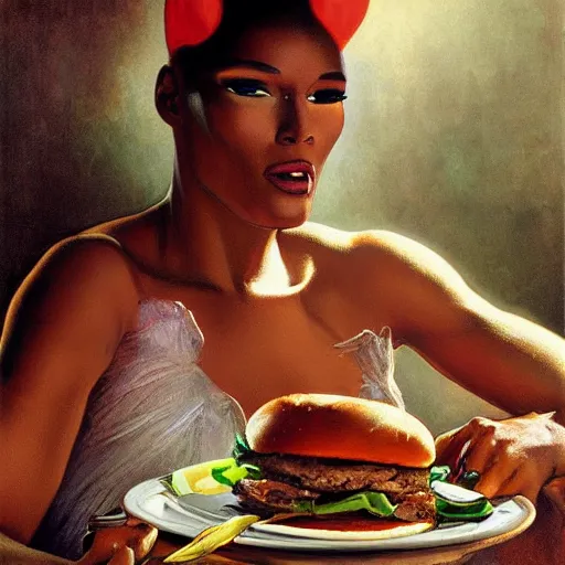 Image similar to painted portrait of ( grace jones ) eating giant hamburgers, mature, handsome, fantasy, intricate, elegant, highly detailed, digital painting, artstation, concept art, sharp focus, illustration, illumination, holy ethereal light, art by gaston bussiere and alphonse mucha