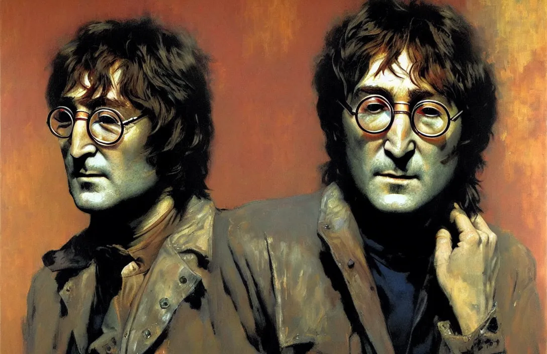 Image similar to portrait of john lennon!!!!!!!!!!!!!!!!!!!!!!!!!!!, detailed face, detailed painting,, epic lighting, by ilya repin, phil hale and kent williams