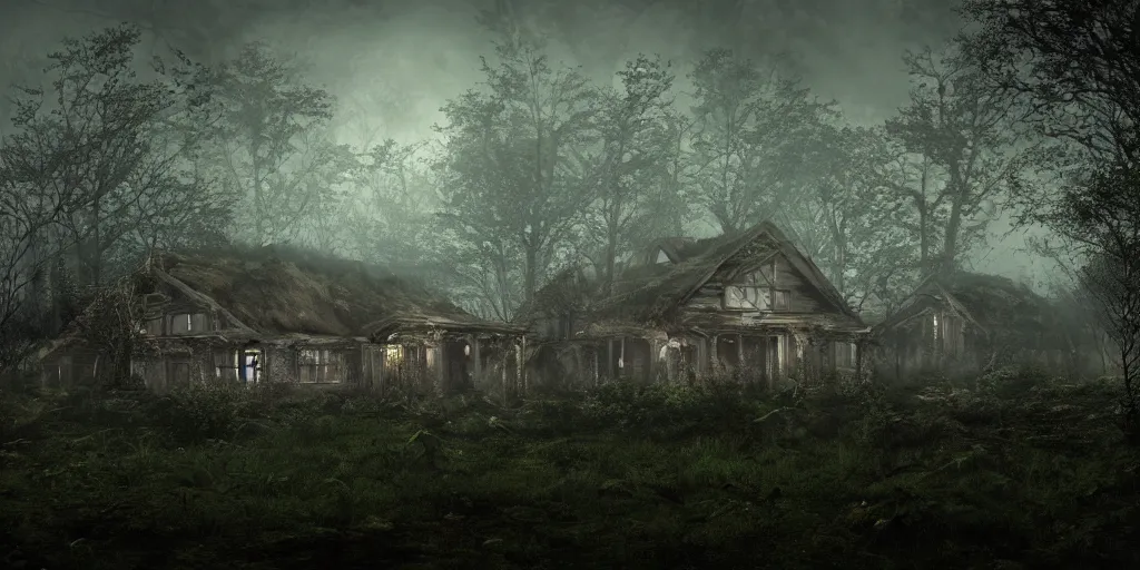 Image similar to photorealistic, ruined english bungalow at night, overgrown vegetation, in the forest, apocalypse, very dark, fog, skinny evil creatures, hell scape, horrifying, hyperrealistic, grimdark, artstation