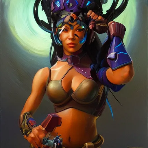 Image similar to detailed portrait symettra from overwatch pokemon intricate, hyper detailed, realistic, oil painting, by julie bell, frank frazetta, cinematic lighting