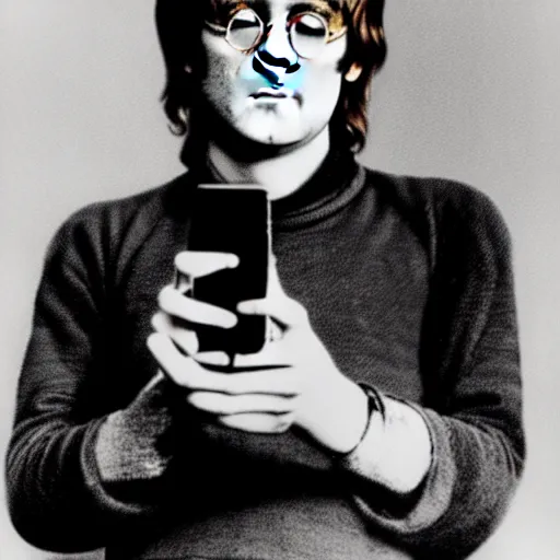 Prompt: a photo of john lennon holding a smartphone in his hand, high detailed