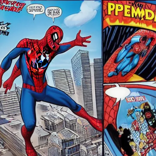 Image similar to spiderman falling off a hoverboard, comic book footage