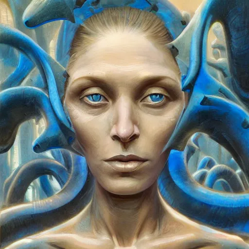 Image similar to detailed face of a woman with blue eyes in a biomorphic courtyard with dna sculptures at a science expo, atmospheric, ambient, pj crook, syd mead, livia prima, artgerm, greg rutkowski, nick alm, casey baugh