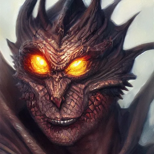 Prompt: oil painting of dragon, dnd character, fantasy, realistic textured skin, portrait, glowing eyes, sharp focus, artgem, boris valejo, frank frazetta, heavy metal style, trending on artstation, digital painting, julie bell, beautiful, very detailed,