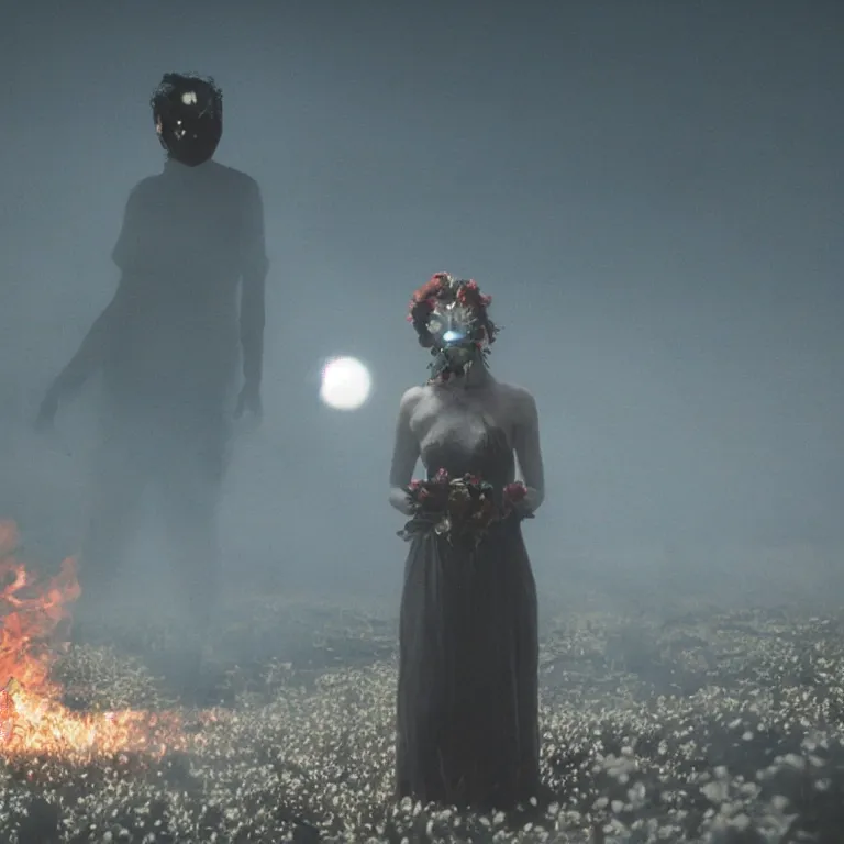 Image similar to The full body shot of beautiful pale woman with many flowers and full-face black mask with glowing halo, a thick black smoke in rocky desert landscape, glowing eyes, falling star on the background, burning earth by Christopher Doyle, Gaspar Noe, Tarkovsky, Alejandro Jodorowsky, anamorphic lens, cinematic composition, award winning photo, 8k