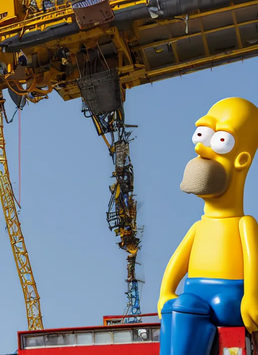 Image similar to closeup portrait of cheerful homer simpson as a crane operator, yellow hardhat, sitting in a crane, natural light, bloom, detailed face, magazine, press, photo, steve mccurry, david lazar, canon, nikon, focus