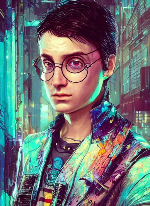 Image similar to beautiful portrait of Lofi cyberpunk Harry Potter, by Tristan Eaton, Stanley Artgermm, Tom Bagshaw, Greg Rutkowski, Carne Griffiths. trending on DeviantArt, face enhance, hyper detailed, trending on Artstation, 8k, masterpiece, graffiti paint, fine detail, full of color, intricate detail, golden ratio illustration