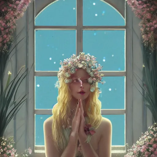 Image similar to a blonde girl in white dress in beautiful window, necklace with a fruit seed ornament, ocean eyes, light freckles, incense smoke and flowers in the background, portrait, mucha, conceptart, medium shot, unreal, octane, symmetrical, photorealism.