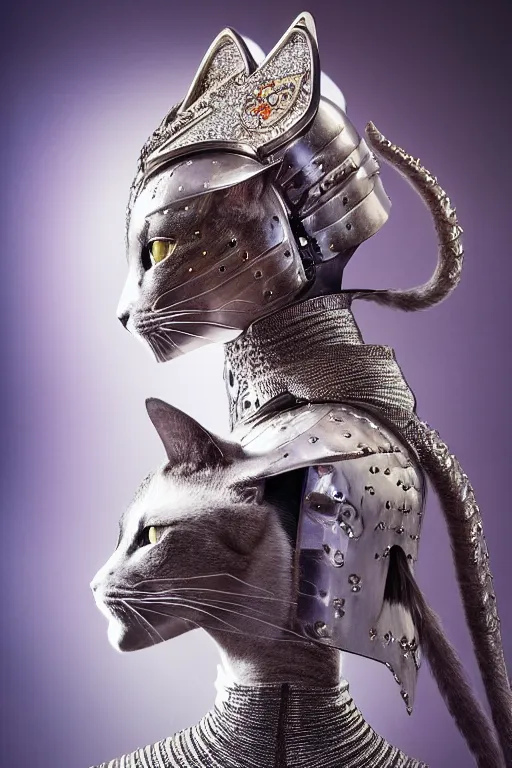 Image similar to female knight wearing a real cat on her head, armor designed by wayne barlowe, swarovski and tiffany, blonde hair, symmetry, sci - fi, cinematic, elegant, luxury, perfect light, perfect composition, dlsr photography, sharp focus, dark fantasy, 4 k, ultra hd, sense of awe, highly detailed, realistic, intricate