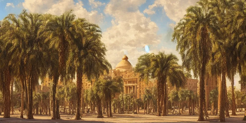 Prompt: khedival opera house, talaat Harb Square cairo, epic wide shot, beautiful clouds, veduta painting by ivan shishkin, dappled afternoon sunlight, acacia trees, date palm trees, shrubs, flowers, artstation