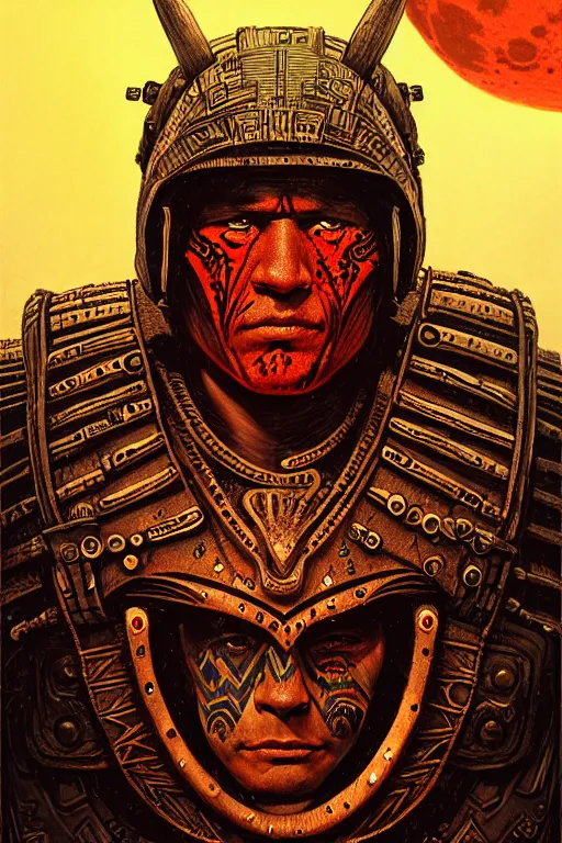 Prompt: aztec warrior, character portrait, portrait, close up, concept art, intricate details, highly detailed, blood moon background, soft light, vintage sci - fi poster, in the style of chris foss, rodger dean, moebius, michael whelan, and gustave dore