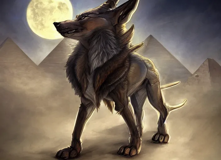 Prompt: award winning concept art fullbody egyptian god wolf anubis character design of a egyptian anubis monster wolf. egyptian god deviantart adoptable, deviantart species style of maple story and rossdraws, artgerm, studio lighting by jessica rossier and brian froud, traditional, artstationhd artstation, disney, hq textures