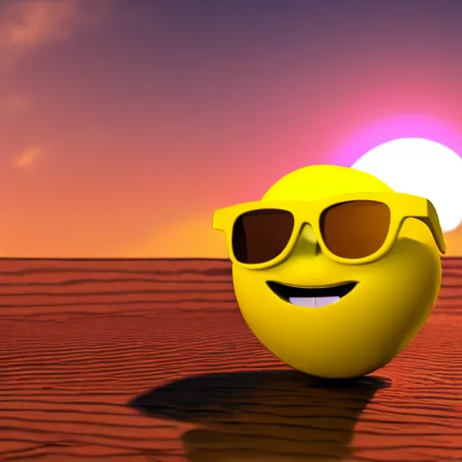 Prompt: 3d render lemon wearing sunglasses, sunset in the background