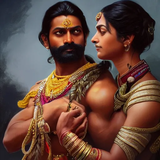 Image similar to portrait painting of dark muscular indian royal couple hugging, ultra realistic, concept art, intricate details, eerie, highly detailed, photorealistic, octane render, 8 k, unreal engine. art by artgerm and greg rutkowski and alphonse mucha