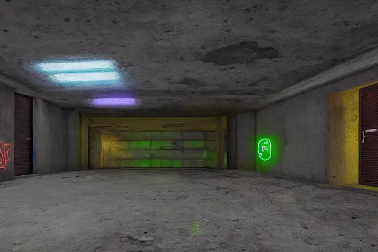 Image similar to very realistic detailed matte painting of a small civilian bunker, neon lighting