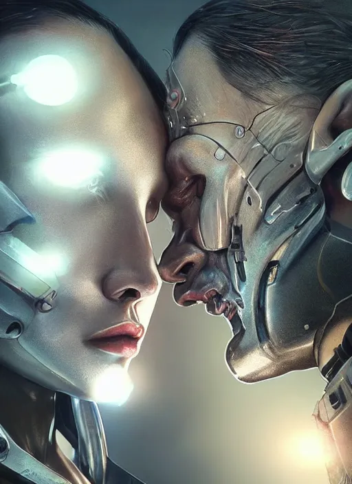 Image similar to ultra realistic close - up of a couple of cyborgs kissing, lovers, faces, cyberpunk, sci - fi, fantasy, led color, flare, soft light, night, highly detailed, digital painting, concept art, sharp focus, illustration, art by artgerm and greg rutkowski and h. r. giger,